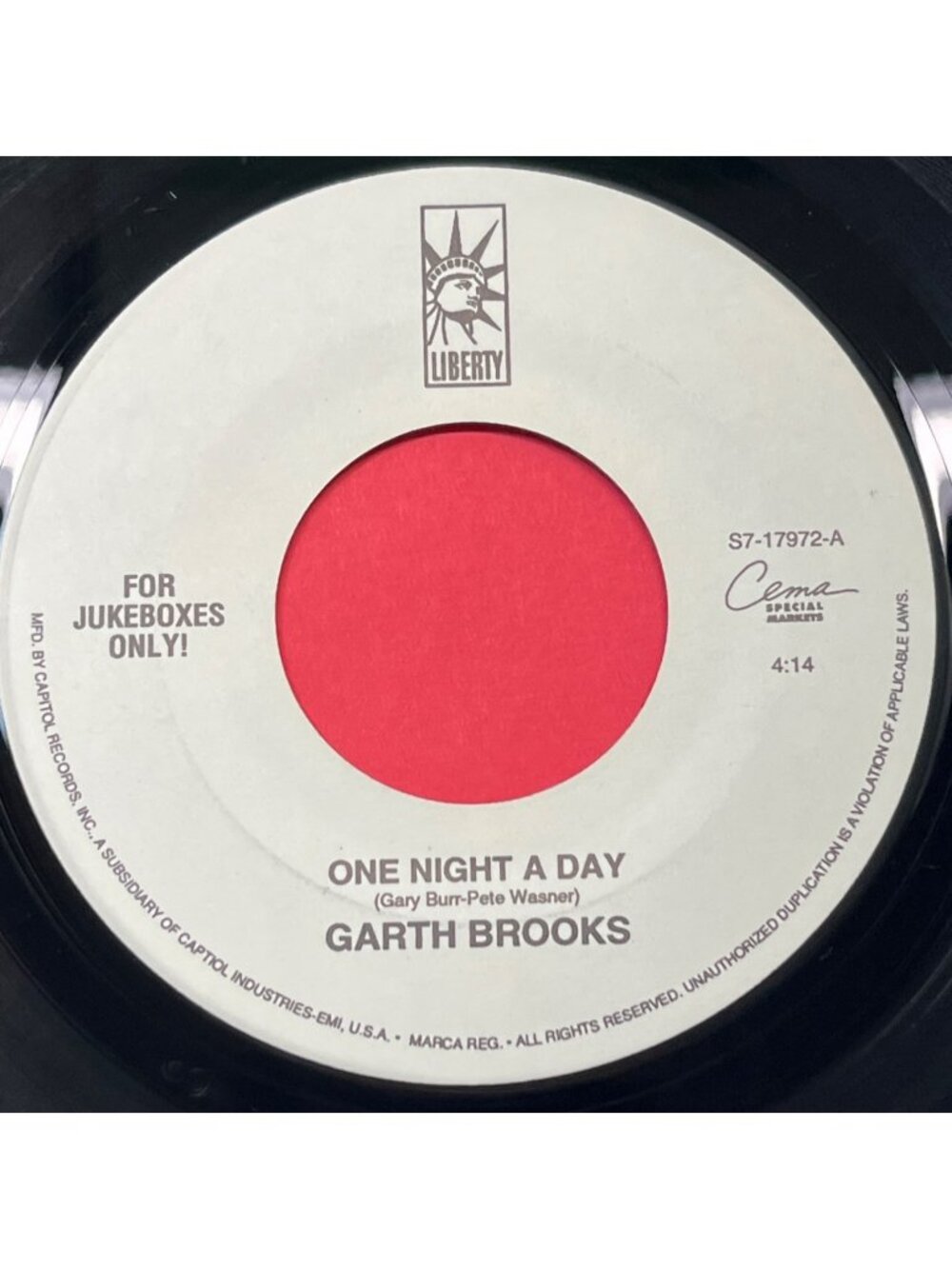 Garth Brooks One Night a Day / Mr Blue 45 Vinyl 90s Country Liberty Jukebox